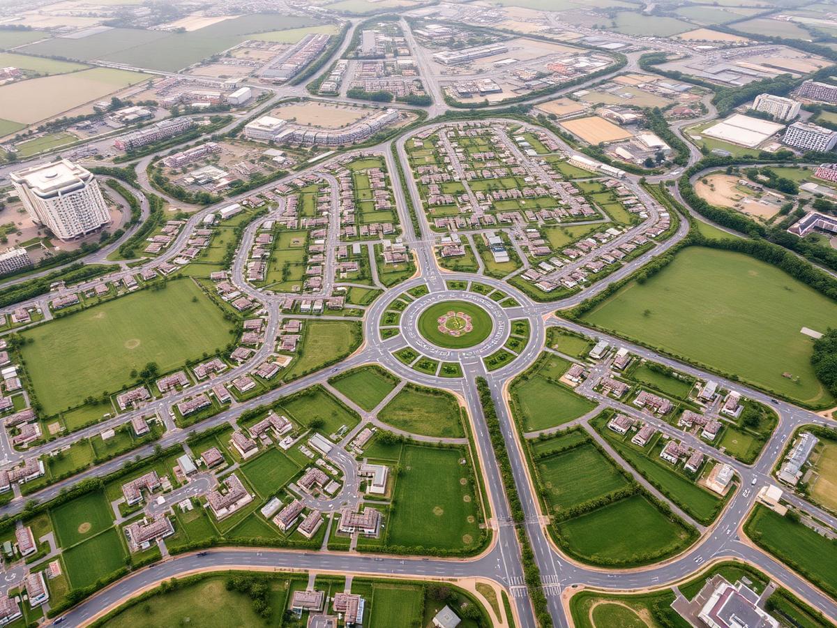 Aerial view of a masterplanned district with boulevards and green space