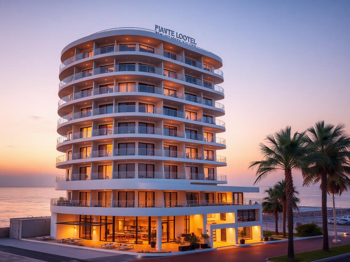 Exterior of a contemporary oceanfront boutique hotel at dusk