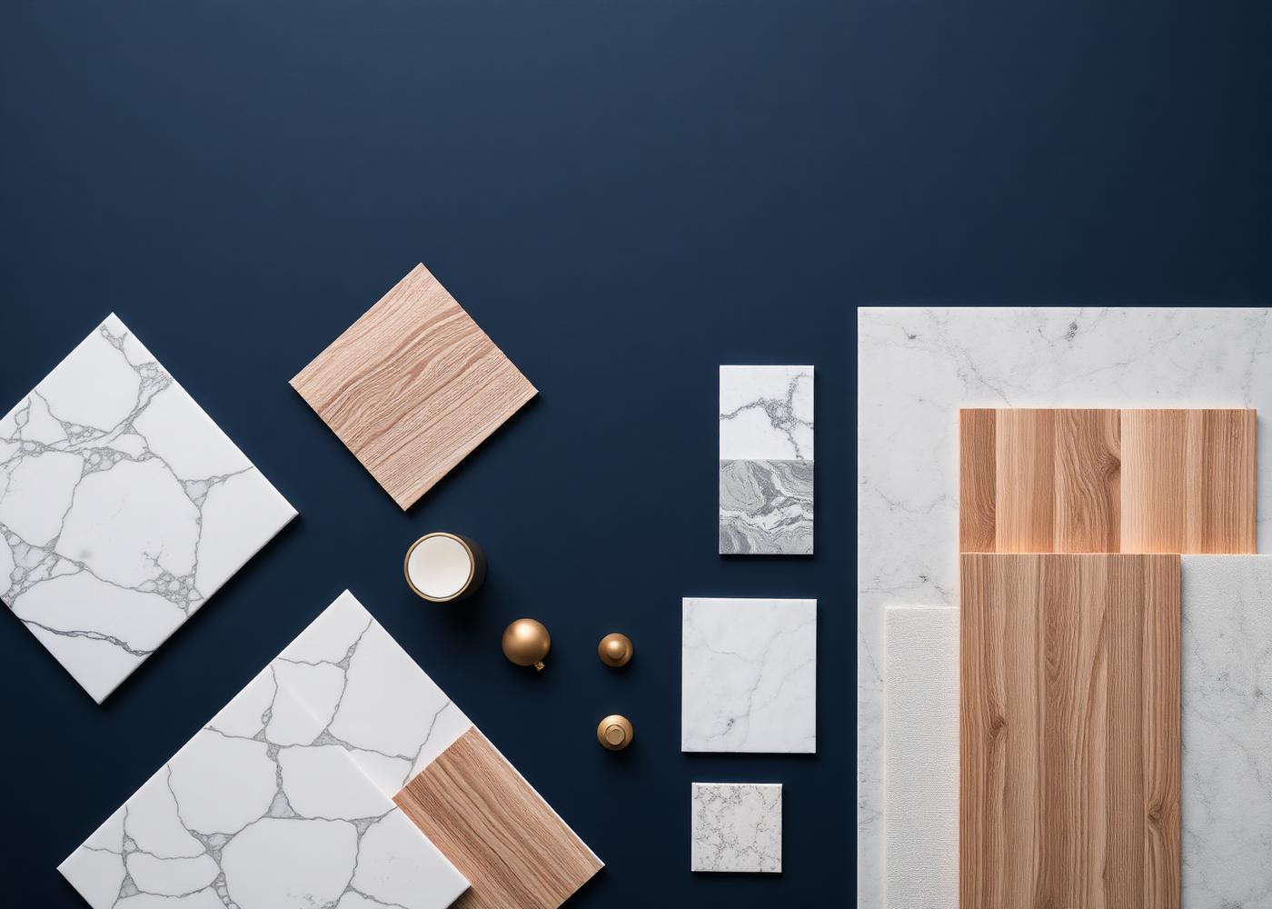 Flatlay of stone, timber and brass material samples